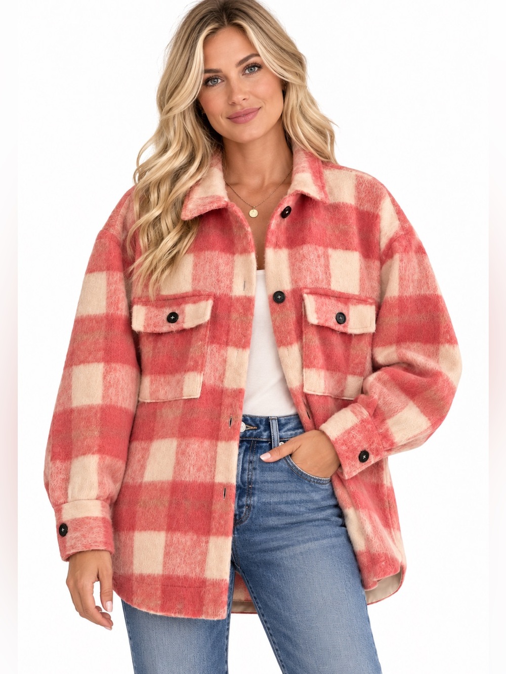 By Together Oversized Pink & Cream Plaid cozy Shacket NWOT